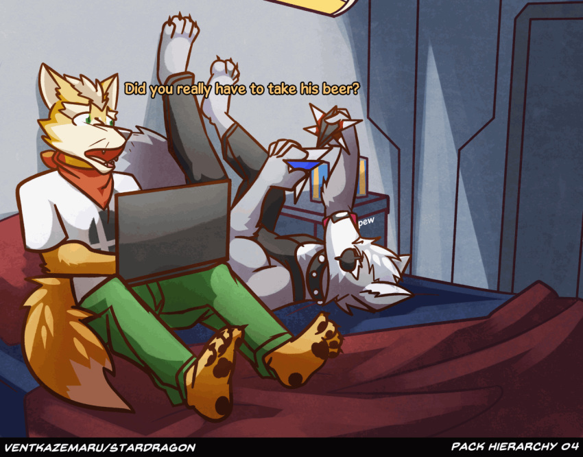 4_toes 5_fingers animated anthro arwing barefoot bed canid canine canis clothing collar computer english_text eye_patch eyewear feet fox fox_mccloud hindpaw laptop male mammal neckerchief nintendo pack_heirarchy pawpads paws star_fox text toes ventkazemaru video_games whiskers wolf wolf_o'donnell wolfen