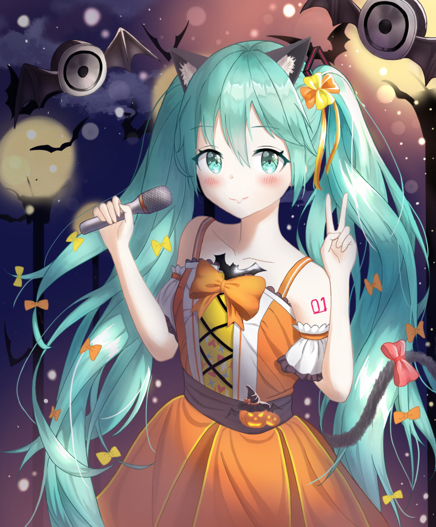 1girl animal_ears aqua_hair bat blush bow cat_ears cat_tail collarbone commentary_request dot_nose dress eyebrows_visible_through_hair hair_between_eyes hair_bow halloween hatsune_miku highres holding holding_microphone long_hair looking_at_viewer microphone moon multiple_bows nay number orange_dress pumpkin red_bow sleeveless smile solo tail thighhighs twintails very_long_hair vocaloid