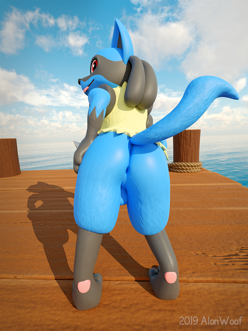 2019 3_toes 3d_(artwork) alonwoof anthro anus backsack balls barefoot black_fur blep blue_balls blue_fur butt canid canine canis casual_nudity digital_media_(artwork) digitigrade dock fluffy fluffy_tail fur hair hi_res looking_at_viewer lucario lucky_(alonwoof) male mammal nintendo nude one_eye_closed pok&eacute;mon pok&eacute;mon_(species) presenting sea seaside sky smile solo toes tongue tongue_out video_games water wink