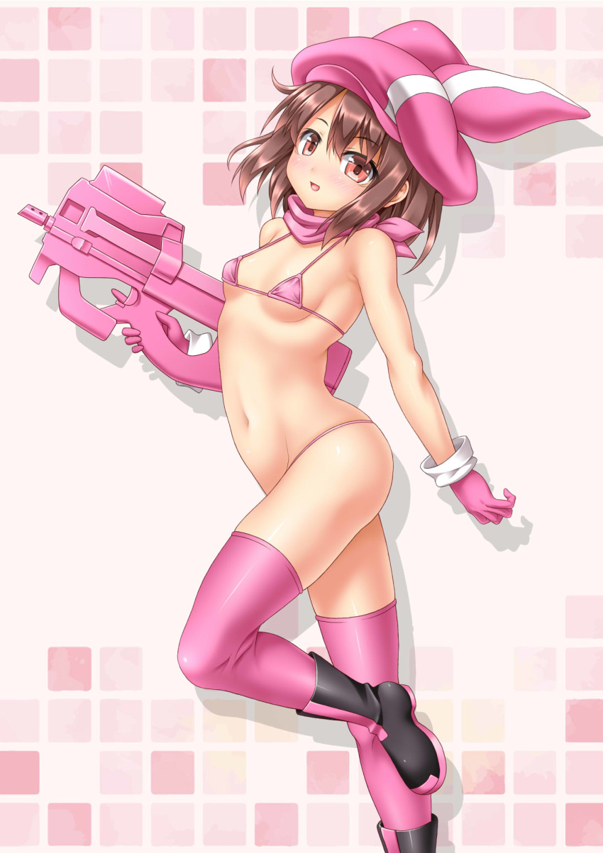 1girl alternate_costume animal_ears animal_hat bangs bare_arms bare_shoulders bikini black_footwear blush boots breasts brown_hair bullpup bunny_ears commentary_request eyebrows_visible_through_hair gloves gun hat highres holding llenn_(sao) looking_at_viewer micro_bikini navel open_mouth p-chan_(p-90) p90 pink_bikini pink_gloves pink_headwear pink_legwear roura short_hair small_breasts solo submachine_gun swimsuit sword_art_online sword_art_online_alternative:_gun_gale_online weapon