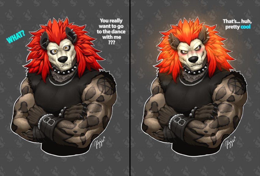 2019 anthro armor biceps blush bracers buckle claws clothing collar crossed_arms dialogue digital_media_(artwork) ear_piercing english_text eyebrows face_paint forsburn fur furgonomics furry-specific_piercing hair half-length_portrait hyaenid looking_at_viewer lovers_of_aether male mammal mane muscular muscular_male orange_hair pentagram piercing portrait rivals_of_aether rujirublkdragon shirt signature smile solo spiked_collar spikes spotted_hyena surprise talking_to_viewer tank_top text topwear video_games yellow_eyes