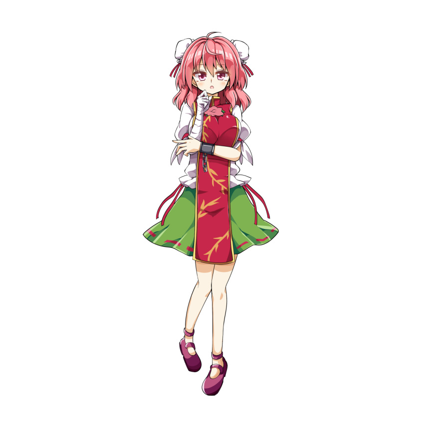 1girl ahoge aki_chimaki bandage bandaged_arm bandages bangs breasts bun_cover chains chinese_clothes cuffs double_bun flower full_body green_skirt hair_between_eyes highres ibaraki_kasen large_breasts medium_hair pink_eyes pink_flower pink_hair pink_rose puffy_short_sleeves puffy_sleeves rose shackles short_sleeves skirt solo tabard tachi-e touhou