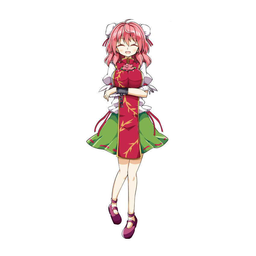 1girl ahoge aki_chimaki bandage bandaged_arm bandages bangs breasts bun_cover chains chinese_clothes cuffs double_bun flower full_body green_skirt hair_between_eyes highres ibaraki_kasen large_breasts medium_hair pink_eyes pink_flower pink_hair pink_rose puffy_short_sleeves puffy_sleeves rose shackles short_sleeves skirt solo tabard tachi-e touhou