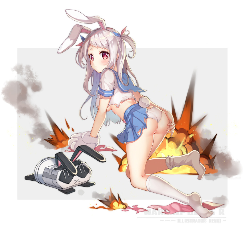 1girl :x all_fours animal_ears ass blue_ribbon blue_sailor_collar blue_skirt blush breasts bunny_ears bunny_girl bunny_tail carrot changchun_(warship_girls_r) closed_mouth copyright_name crop_top explosion gloves grey_background grey_hair hair_ribbon hasu_(velicia) heart highres kneehighs long_hair looking_at_viewer looking_back medium_breasts midriff missile no_shoes official_art panties paw_gloves paws pink_ribbon pleated_skirt red_eyes ribbon robot sailor_collar school_uniform serafuku shirt skirt smoke soles solo tail two-tone_background two_side_up underboob underwear very_long_hair warship_girls_r white_background white_gloves white_legwear white_panties white_shirt