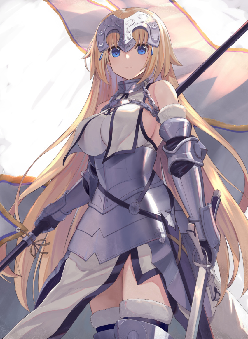 1girl armor armored_dress bare_shoulders blonde_hair blue_eyes braid breasts capelet chains fate/apocrypha fate/grand_order fate_(series) faulds flag fur_trim gauntlets headpiece highres holding holding_sword holding_weapon jeanne_d'arc_(fate) jeanne_d'arc_(fate)_(all) kou_v05first large_breasts long_hair solo sword very_long_hair weapon yellow_eyes