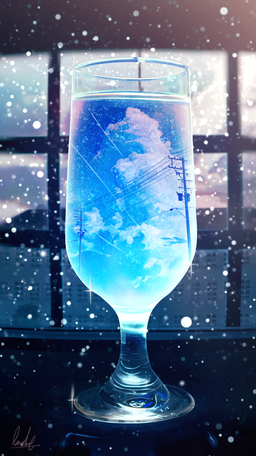 absurdres banishment blue_theme blurry building cloud commentary cup depth_of_field drinking_glass highres huge_filesize light_particles no_humans original power_lines scenery signature sky snow telephone_pole window