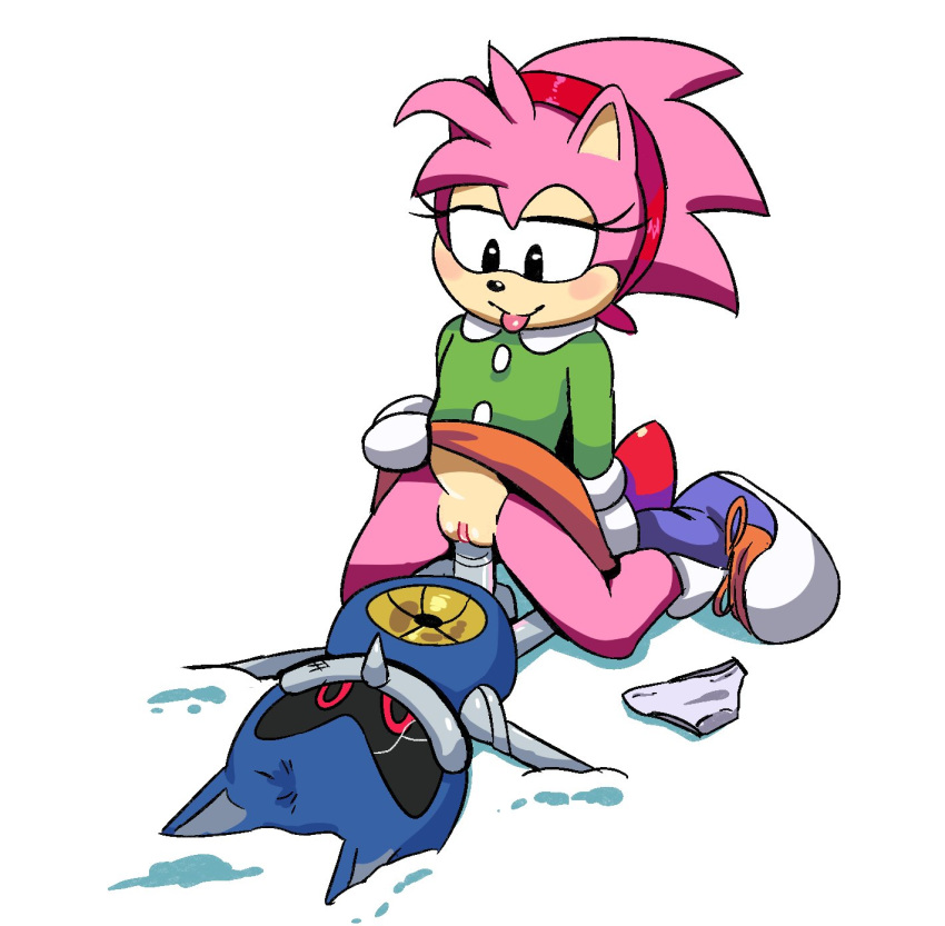amy_rose anthro clothed clothed_sex clothing cowgirl_position dizzytizzy eulipotyphlan female footwear hedgehog hi_res machine male male/female mammal metal_sonic no_underwear on_top panties panties_aside penetration penis pussy robot sex shoes snow sonic_(series) tongue tongue_out underwear underwear_aside vaginal vaginal_penetration