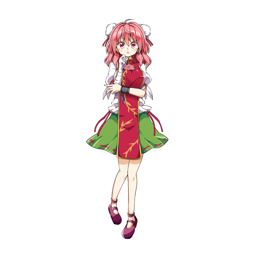 1girl ahoge aki_chimaki bandage bandaged_arm bandages bangs breasts bun_cover chains chinese_clothes cuffs double_bun flower full_body green_skirt hair_between_eyes highres ibaraki_kasen large_breasts medium_hair pink_eyes pink_flower pink_hair pink_rose puffy_short_sleeves puffy_sleeves rose shackles short_sleeves skirt solo tabard tachi-e touhou