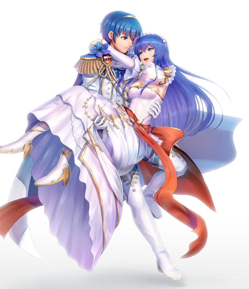 1boy 1girl absurdres blue_eyes blue_hair cape carrying closed_mouth dress fire_emblem fire_emblem:_monshou_no_nazo fire_emblem_heroes flower formal gloves gonzarez high_heels highres long_hair marth nintendo open_mouth princess_carry sheeda short_hair simple_background tiara tuxedo wedding_dress white_background white_dress white_gloves