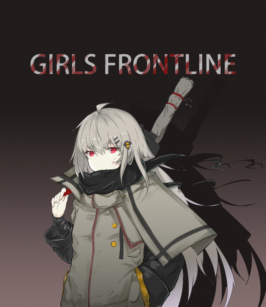 1girl absurdres bangs black_jacket black_scarf blood blood_on_face coat eyebrows_visible_through_hair girls_frontline grey_hair hair_between_eyes hair_ornament hair_ribbon hairclip hand_in_pocket highres holding_strap iws-2000_(girls_frontline) jacket kerxeno long_hair long_sleeves looking_at_viewer red_eyes ribbon scarf sidelocks solo weapon_bag wind