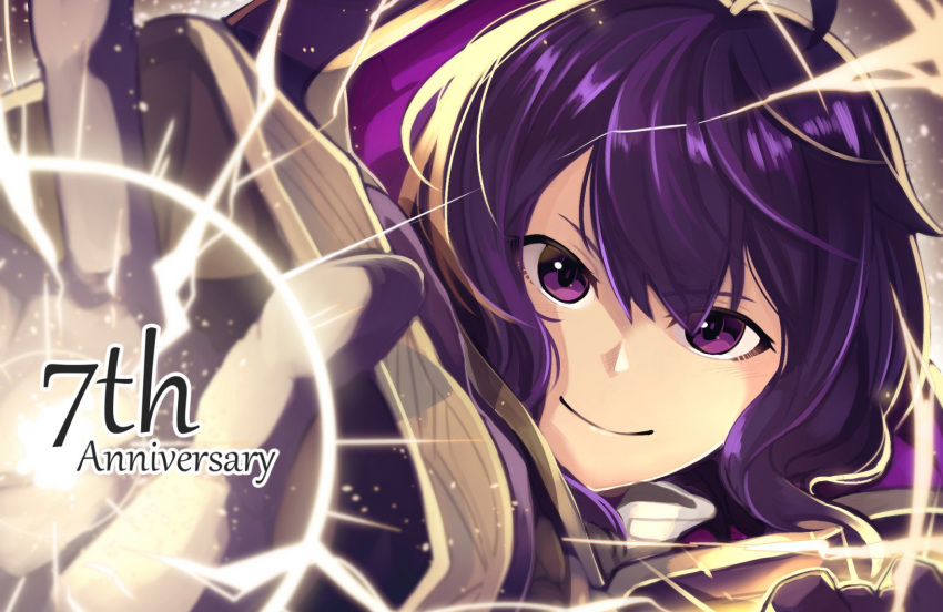 1girl anniversary black_gloves black_hair closed_mouth fire_emblem fire_emblem:_kakusei gloves highres long_sleeves mark_(female)_(fire_emblem) mark_(fire_emblem) nakabayashi_zun nintendo purple_eyes short_hair smile solo