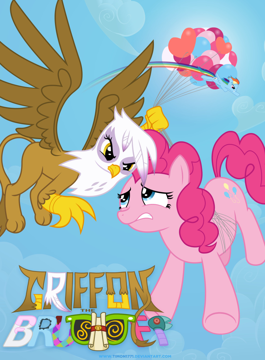 absurd_res avian earth_pony equid equine female feral friendship_is_magic gilda_(mlp) gryphon hi_res horse mammal my_little_pony pinkie_pie_(mlp) pony pterippus rainbow_dash_(mlp) text timon1771