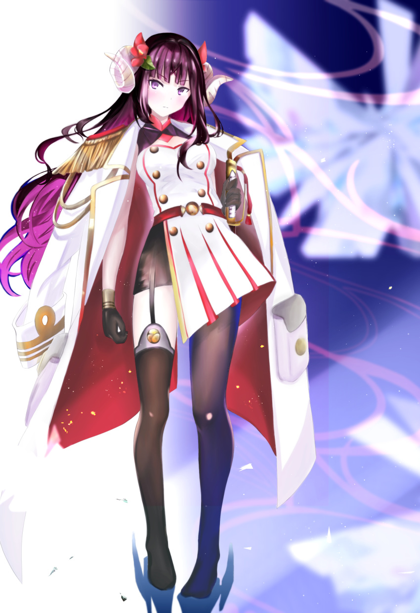 1girl absurdres azur_lane bangs black_gloves black_legwear breasts buttons closed_mouth coat crossed_bangs curled_horns epaulettes eyebrows_visible_through_hair flower garter_straps gloves hair_flower hair_ornament highres horns jacket_on_shoulders leaf legs_apart long_hair long_legs looking_at_viewer medium_breasts open_clothes open_coat purple_eyes purple_hair red_flower shiki_kayanotani solo suruga_(azur_lane) thighhighs very_long_hair white_coat