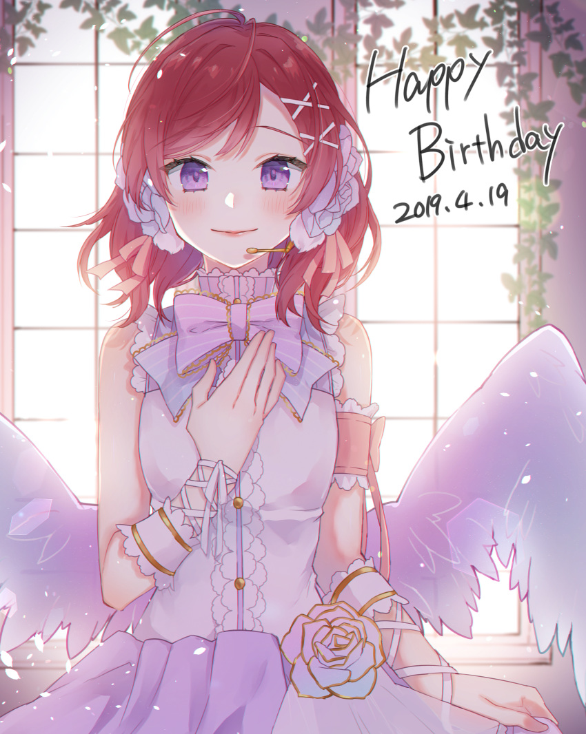 10s 1girl absurdres angel_wings arm_garter artist_request bare_shoulders birthday bow bowtie center_frills chain chains feathered_wings female flower garters gold_chain hair_ornament hand_on_chest happy_birthday highres looking_at_viewer love_live! love_live!_school_idol_festival love_live!_school_idol_project microphone nishikino_maki petals purple_eyes red_flower red_hair red_rose ribbon rose skirt skirt_hold sleeveless smile solo striped striped_bow striped_neckwear wading window wings wrist_ribbon x_hair_ornament