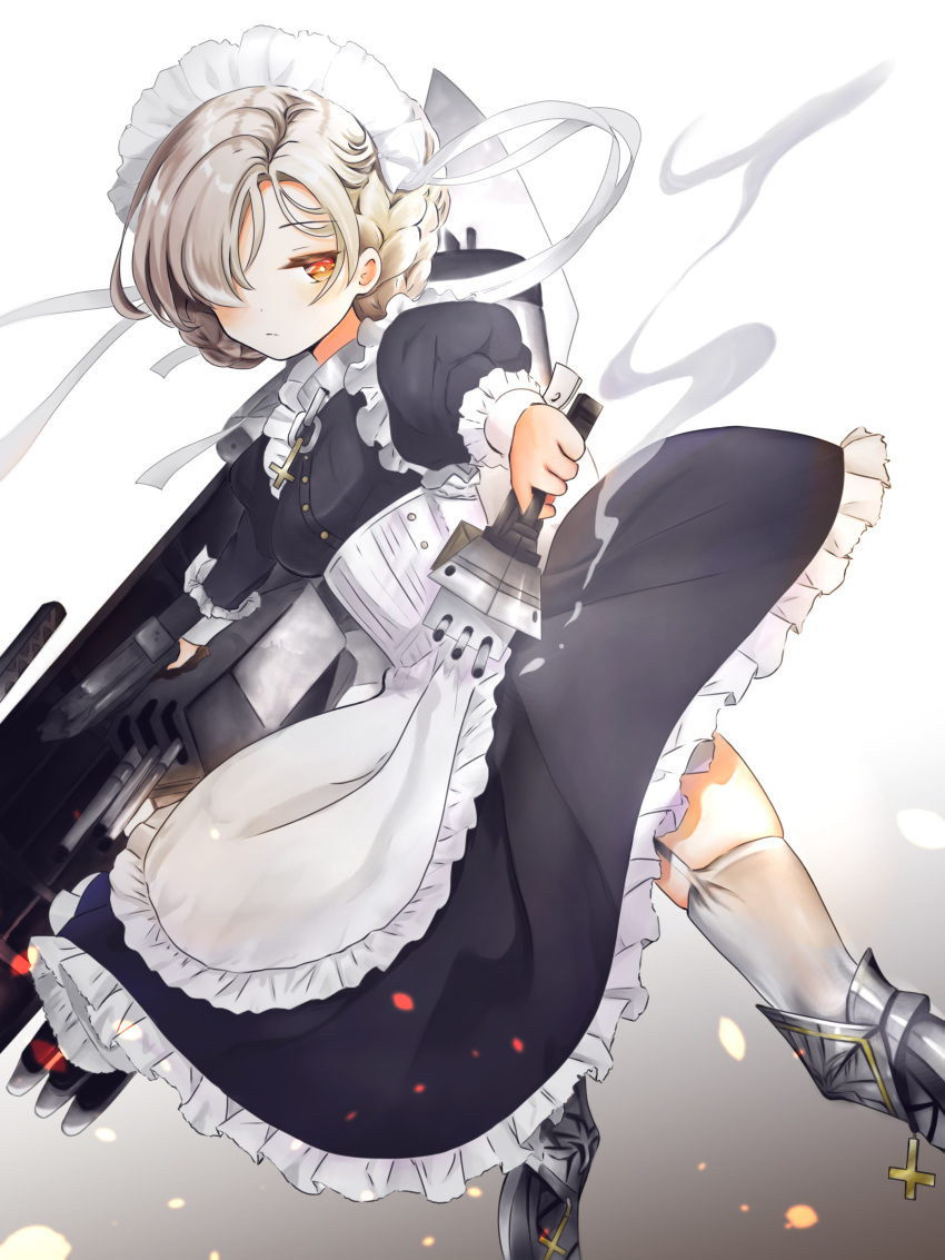 1girl absurdres apron azur_lane black_dress blonde_hair braid breasts bright_pupils buttons closed_mouth cross dress eyebrows_visible_through_hair frilled_apron frilled_dress frills garter_straps hair_over_one_eye highres inverted_cross juliet_sleeves long_sleeves maid maid_apron orange_eyes platinum_blonde_hair puffy_sleeves sheffield_(azur_lane) shiki_kayanotani short_hair small_breasts smoke solo thighhighs turret underbust waist_apron white_apron white_legwear white_pupils zettai_ryouiki