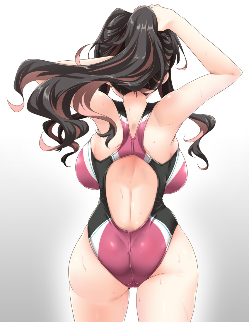 1girl adjusting_hair arms_up ass back backboob bare_shoulders black_hair breasts commentary_request competition_swimsuit cowboy_shot from_behind highleg highleg_swimsuit highres holding kantai_collection large_breasts long_hair multicolored multicolored_clothes multicolored_hair naganami_(kantai_collection) one-piece_swimsuit pink_hair shoulder_blades sideboob simple_background skindentation solo standing swimsuit thighs wavy_hair wet yoshi_tama