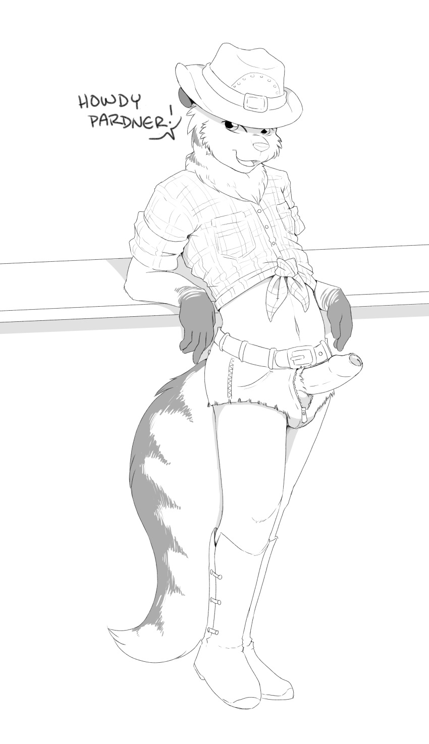 2019 5_fingers absurd_res anew_(character) anthro arkaid arm_support balls belt boots chest_tuft clothed clothing crossdressing dialogue domestic_cat english_text erection felid feline felis fluffy fluffy_tail footwear foreskin fur girly greyscale hat headgear headwear hi_res humanoid_penis leaning long_tail looking_at_viewer maine_coon male mammal monochrome navel open_mouth partially_retracted_foreskin penis poking_out presenting presenting_penis pubes simple_background smile solo standing suggestive text tuft uncut western