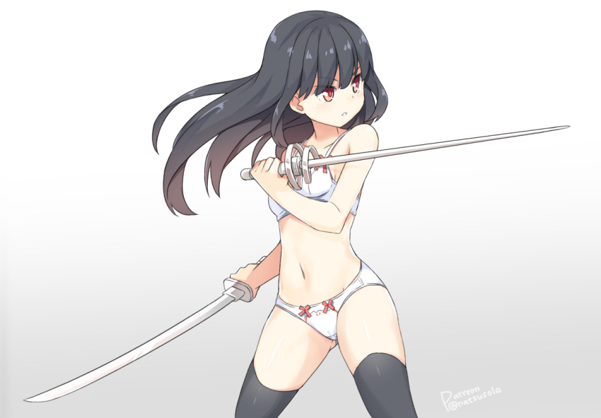 1girl bangs bare_arms bare_shoulders black_hair black_legwear blush bow bow_bra bow_panties bra breasts dual_wielding eyebrows_visible_through_hair gradient gradient_background grey_background hair_between_eyes hatsunatsu holding holding_sword holding_weapon katana long_hair looking_away looking_to_the_side navel original panties parted_lips red_eyes small_breasts solo sword thighhighs twitter_username underwear underwear_only v-shaped_eyebrows very_long_hair weapon white_background white_bra white_panties