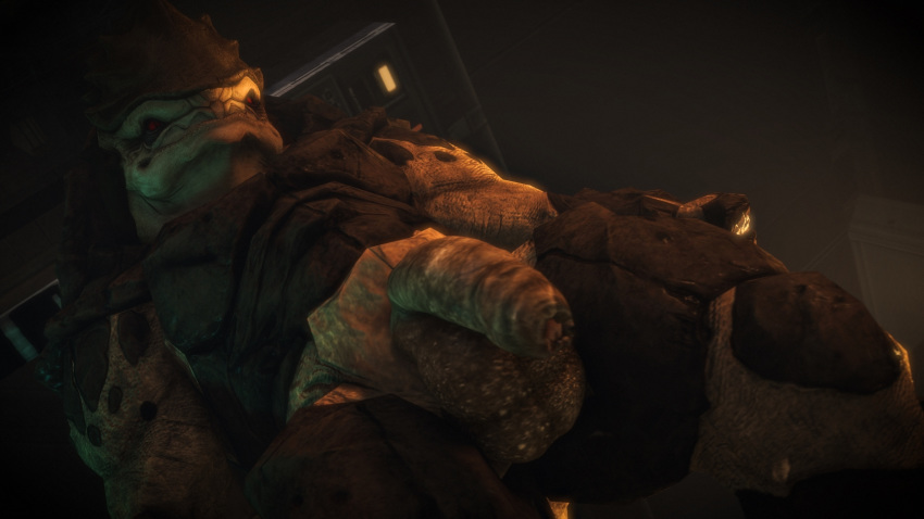 alien balls big_penis flaccid foreskin hi_res krogan low-angle_view male mass_effect muscular muscular_male penis rooking scales smile smirk uncut video_games worm's-eye_view