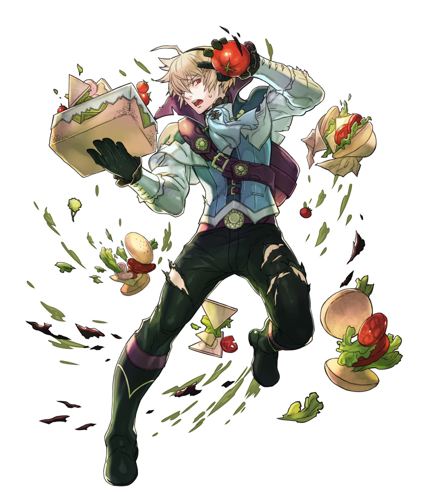 1boy alternate_costume bag basket belt blonde_hair boots fire_emblem fire_emblem_heroes fire_emblem_if food full_body gloves hairband hamburger highres hino_shinnosuke jewelry leon_(fire_emblem_if) male_focus necklace nintendo open_mouth red_eyes sandwich solo teeth tomato torn_clothes