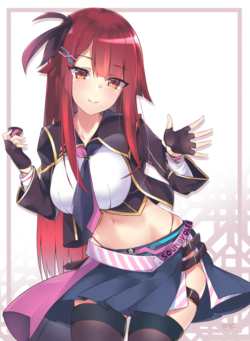 1girl absurdres bangs belt black_gloves black_legwear blue_skirt breasts closed_mouth collarbone commentary_request cowboy_shot crop_top fingerless_gloves framed_breasts gloves hair_ornament hair_ribbon hairclip hands_up head_tilt highleg highleg_panties highres holding k-doku kureha_(sound_voltex) large_breasts leg_belt long_hair long_sleeves looking_at_viewer midriff miniskirt navel necktie panties pink_panties plectrum red_eyes red_hair ribbon side_slit signature skindentation skirt smile solo sound_voltex standing stomach thighhighs thighs underwear wing_collar zettai_ryouiki