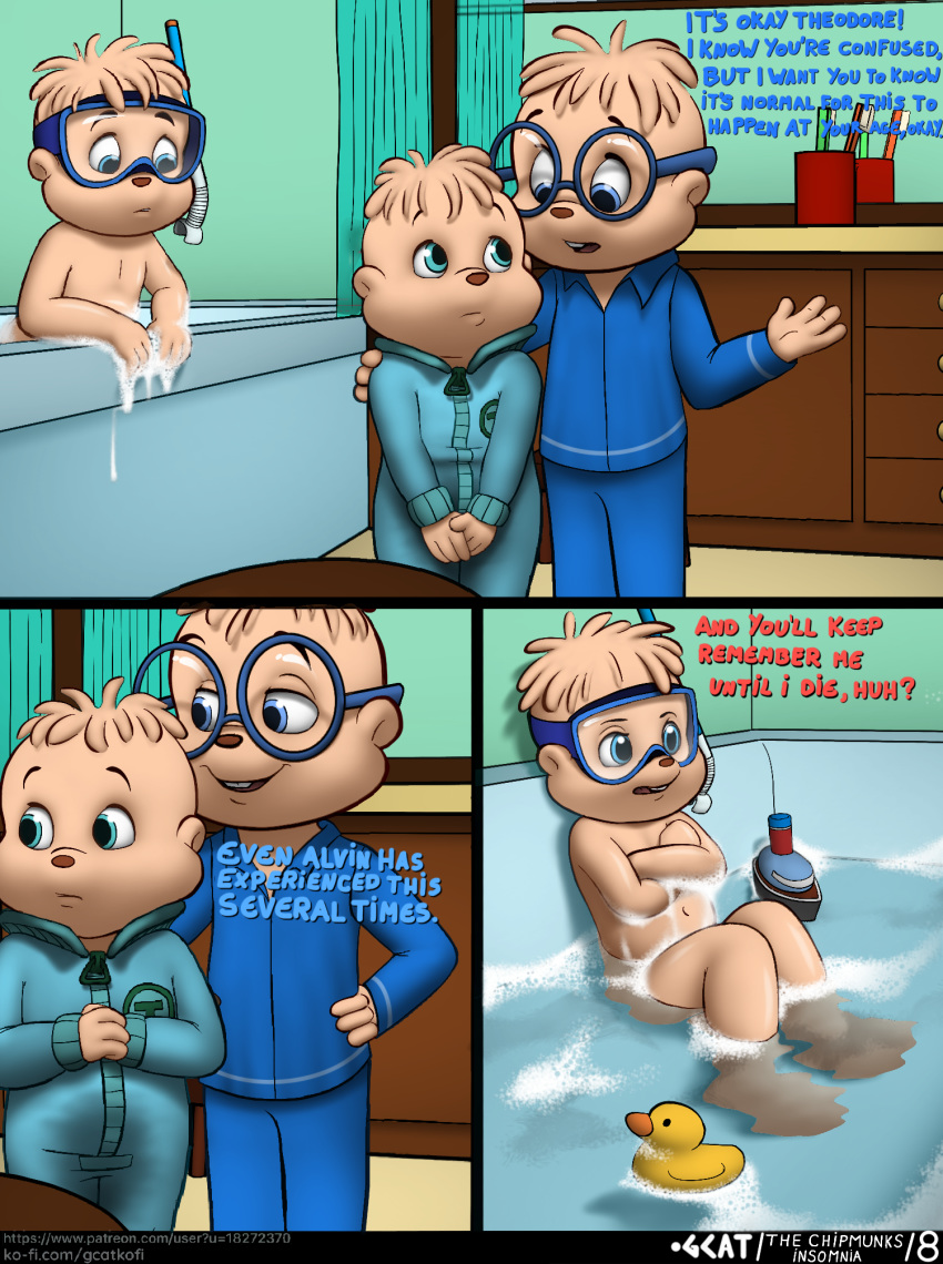 2019 alvin_and_the_chipmunks alvin_seville anthro blue_eyes casual_nudity chipmunk clothed clothing comic cub dialogue digital_media_(artwork) english_text eyewear g-cat glasses ground_squirrel hair headgear headwear hi_res male mammal nude open_mouth rodent sciurid simon_seville smile teeth text theodore_seville young