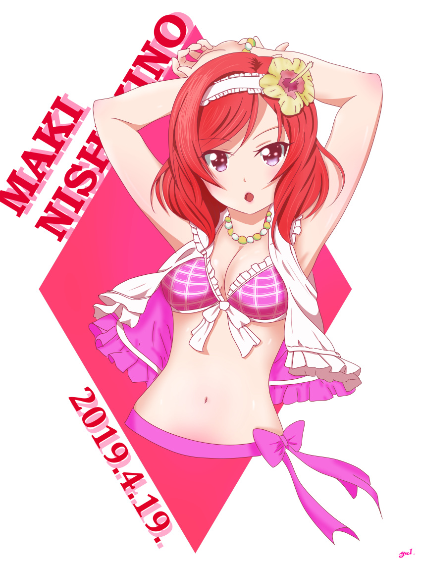1girl absurdres arm_up artist_request bare_shoulders bikini bikini_skirt birthday blush female flower hair_flower hair_ornament hand_behind_head happy_birthday heart hibiscus highres jewelry looking_at_viewer love_live! love_live!_school_idol_project natsuiro_egao_de_1_2_jump! navel necklace nishikino_maki pearl_necklace purple_eyes red_hair see-through short_hair skirt smile solo swimsuit