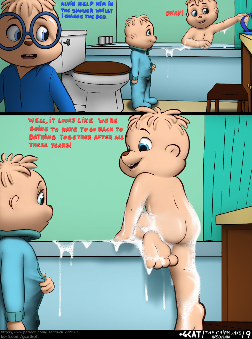 2019 alvin_and_the_chipmunks alvin_seville anthro blue_eyes butt casual_nudity chipmunk clothed clothing comic cub dialogue digital_media_(artwork) english_text eyewear g-cat glasses ground_squirrel hair hi_res male mammal nude open_mouth rodent sciurid simon_seville smile teeth text theodore_seville young