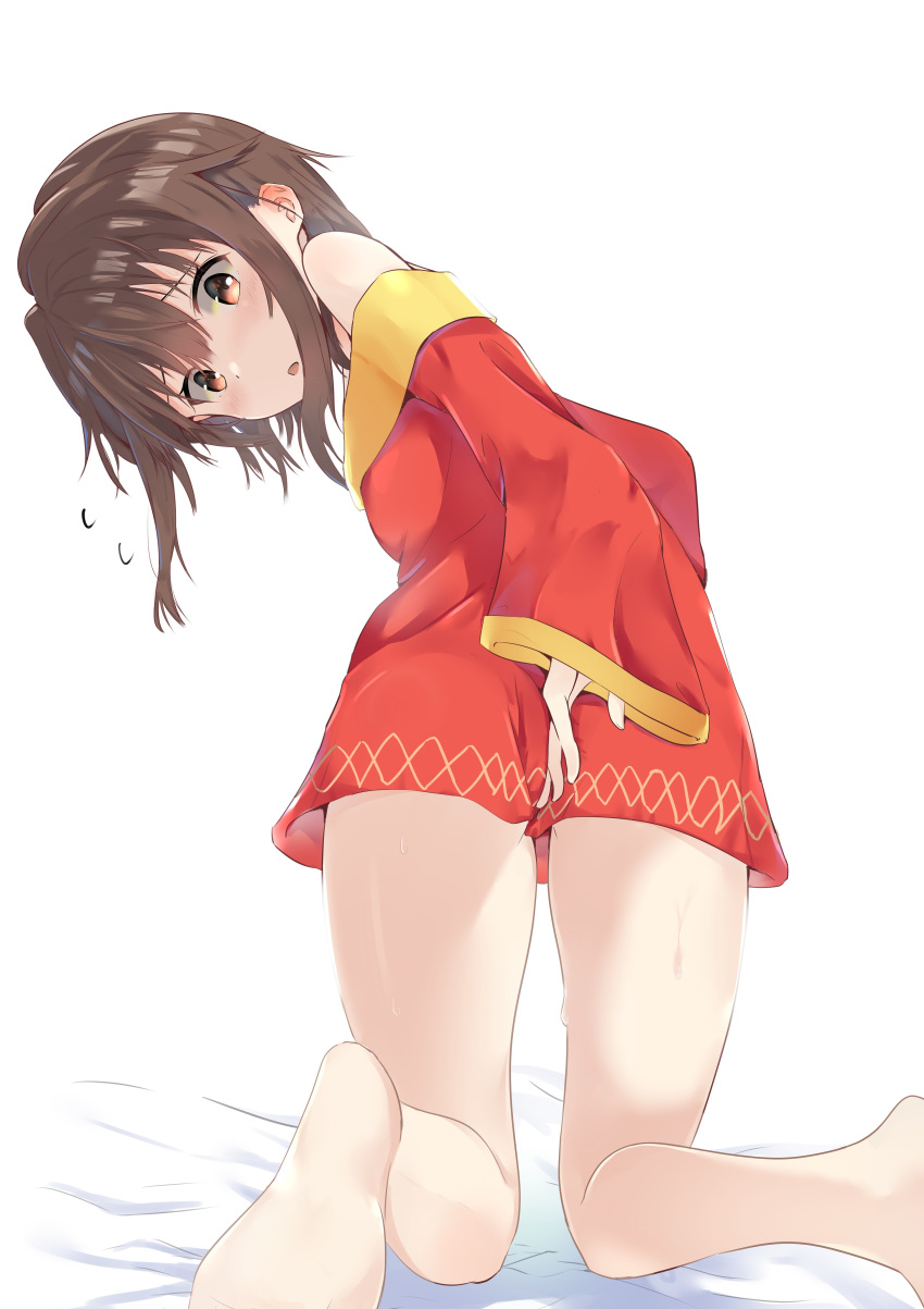 1girl absurdres bangs bare_legs bare_shoulders barefoot bed_sheet blush brown_eyes brown_hair cac_itinose commentary_request covering covering_ass dress eyebrows_visible_through_hair flying_sweatdrops hair_between_eyes highres kneeling kono_subarashii_sekai_ni_shukufuku_wo! long_hair long_sleeves megumin off_shoulder parted_lips red_dress short_dress sleeves_past_wrists soles solo sweat white_background wide_sleeves