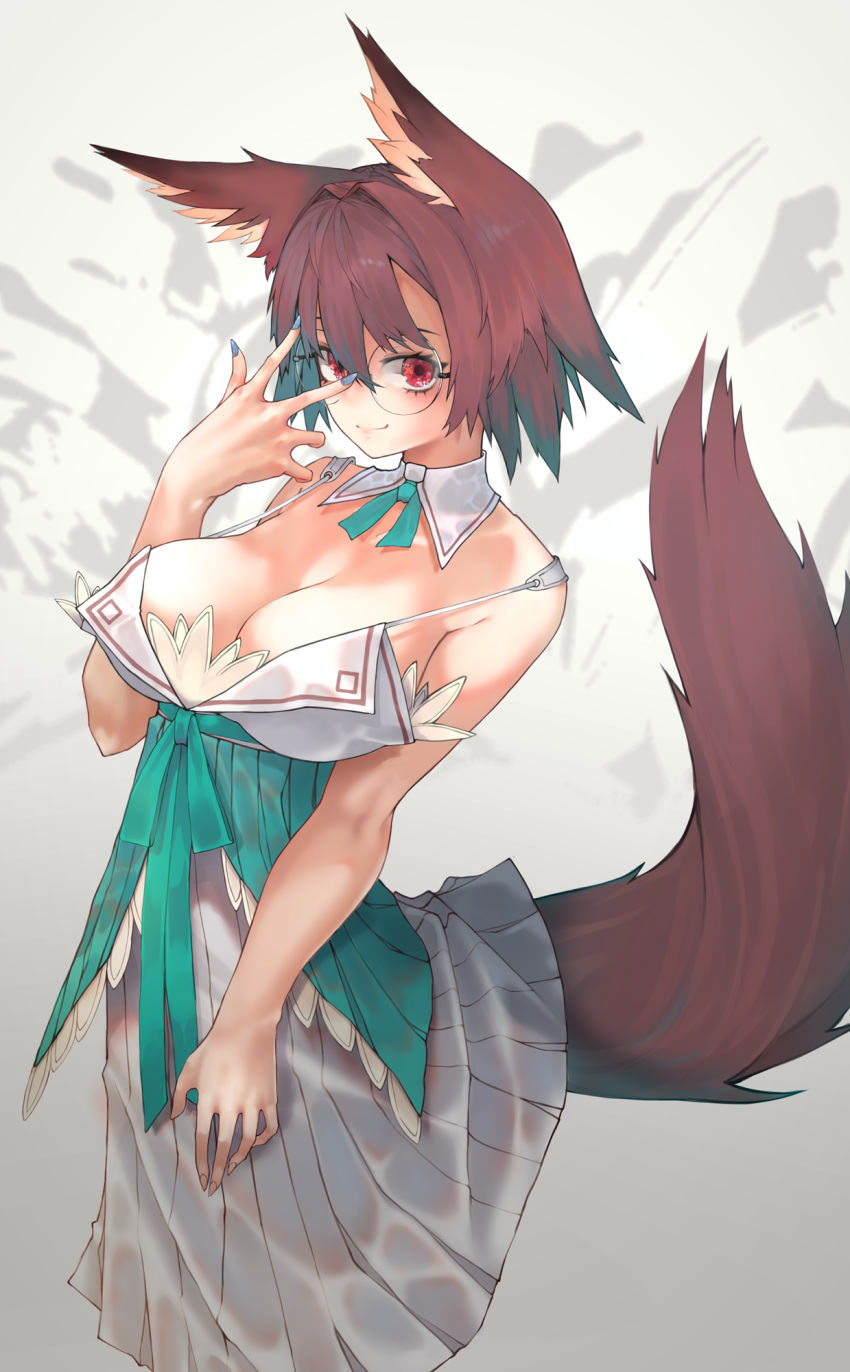 1girl animal_ears bangs bare_shoulders blue_nails blush breasts brown_tail cleavage dress fox fox_ears glasses green_ribbon highres kesuno large_breasts nail_polish original red_eyes ribbon short_hair smile solo tail