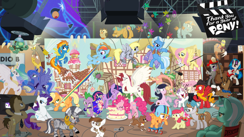 16:9 angel_(mlp) apple_bloom_(mlp) applejack_(mlp) armor avian bird black_hair blonde_hair blue_eyes brown_eyes brown_hair cake camera canid canine canis cape cello clothing collar cowboy_hat crown derpy_hooves_(mlp) discord_(mlp) doctor_whooves_(mlp) domestic_dog draconequus dragon earth_pony equid equine eyes_closed eyewear facial_hair fedora female feral fluttershy_(mlp) flying food friendship_is_magic glasses green_eyes group guitar hair hair_bow hair_ribbon hat headgear headphones headwear helmet hi_res horn horse lagomorph laugh leporid looking_back lyra_heartstrings_(mlp) male mammal multicolored_hair musical_instrument mustache my_little_pony necktie octavia_(mlp) one_eye_closed open_mouth open_smile owl owlowiscious_(mlp) parasprite_(mlp) pink_hair pinkie_pie_(mlp) pipsqueak_(mlp) pony princess_celestia_(mlp) princess_luna_(mlp) purple_eyes purple_hair rabbit rainbow_dash_(mlp) rainbow_hair rarity_(mlp) red_eyes red_hair reptile ribbons saddle_bag scalie scarf scootaloo_(mlp) shirt_collar singing size_difference smile snails_(mlp) snips_(mlp) spike_(mlp) spitfire_(mlp) sunglasses suspension sweetie_belle_(mlp) tail_grab tail_pull tank_(mlp) timon1771 tortoise trixie_(mlp) turtle twilight_sparkle_(mlp) umbrella unicorn ursa_minor_(mlp) ursid vinyl_scratch_(mlp) winged_unicorn wings winona_(mlp) wonderbolts_(mlp) yellow_eyes yellow_scera zebra zecora_(mlp)