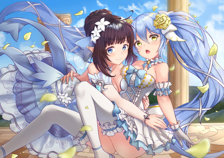 2girls :o absurdres ahoge arm_garter ass bangs bare_shoulders blue_dress blue_eyes blue_hair blue_ribbon blue_sky blush breast_press breasts brown_hair choker cleavage closed_mouth cloud collarbone day detached_sleeves dress elf floating_hair flower frilled_choker frills gloves hair_between_eyes hair_bun hair_flower hair_ornament heart_ahoge highres hug huge_filesize king's_raid knees_up large_breasts layered_dress long_hair long_sleeves looking_at_viewer mirianne_(king's_raid) multiple_girls open_mouth outdoors petals pnt_(ddnu4555) pointy_ears ribbon rose sidelocks sitting sky smile sonia_(king's_raid) symmetrical_docking thighhighs twintails very_long_hair white_dress white_flower white_gloves white_legwear yellow_eyes yellow_flower