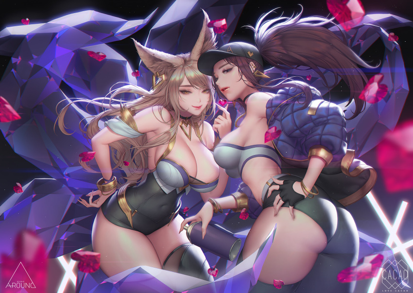 2girls ahri akali animal_ears artist_name bangs bare_shoulders baseball_cap belt black_gloves blonde_hair bracelet breasts can choker cleavage cowboy_shot earrings fingerless_gloves fingernails fox_ears fox_tail glint gloves hair_between_eyes hand_on_hip hat heart highres holding holding_can jacket jewelry k/da_(league_of_legends) k/da_ahri k/da_akali large_breasts league_of_legends long_fingernails long_hair looking_at_viewer love_cacao makeup mask midriff multiple_girls navel open_clothes parted_lips pink_lips ponytail purple_hair red_lips sidelocks smile spray_can tail thighhighs tourmaline_(gemstone) whisker_markings yellow_eyes