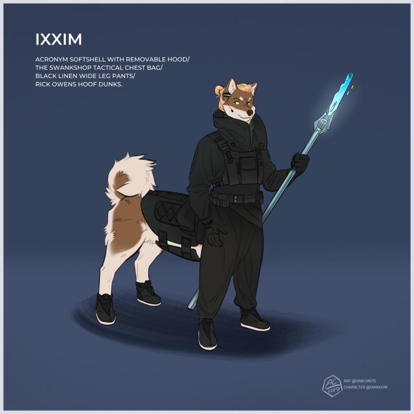 1:1 armor bluetooth body_armor canid canid_taur canine canine_taur canis clothing dog_taur domestic_dog footwear gloves headgear headphones headset hi_res ixxim male mammal melee_weapon polearm shiba_inu shoes snacknite solo spear spitz staff tactical taur weapon