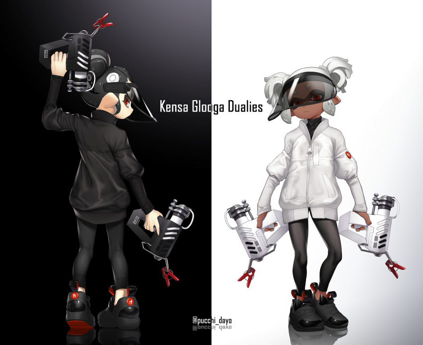 2girls arm_up black_footwear black_hair black_headwear black_jacket black_legwear black_shirt closed_mouth commentary dark_skin dual_wielding from_behind frown glooga_dualies_(splatoon) hair_ornament hair_scrunchie head_tilt highres holding inkling jacket leggings logo long_sleeves looking_at_viewer looking_back multiple_girls octoling patch pointy_ears puchiman red_eyes scrunchie shadow shirt shoes short_ponytail short_twintails splatoon splatoon_(series) splatoon_2 suction_cups tentacle twintails welding_mask white_hair white_jacket white_scrunchie zipper