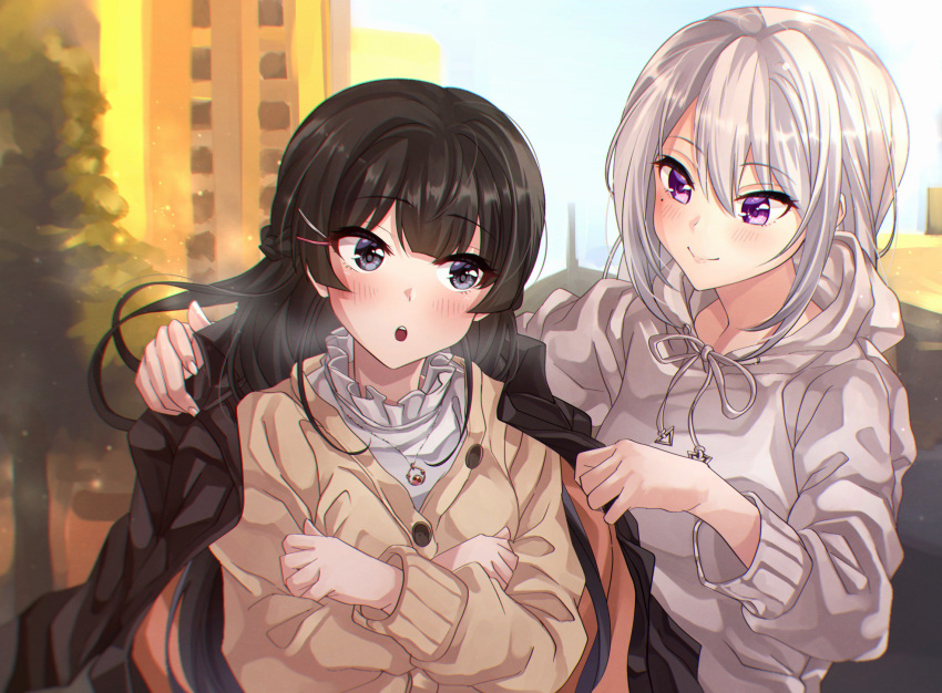 2girls bangs black_hair blue_eyes blush cardigan city closed_mouth coat commentary crossed_arms day frilled_shirt_collar frills hair_ornament hairclip highres higuchi_kaede hood hoodie jewelry long_hair looking_at_another mole mole_under_eye multiple_girls necklace nijisanji outdoors purple_eyes round_teeth silver_hair smile tdnd-96 teeth tree tsukino_mito very_long_hair virtual_youtuber yuri