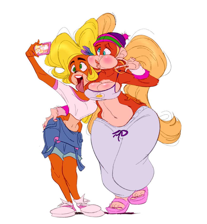 anthro ape bandicoot beanie blonde_hair blue_eyes breasts camera cleavage clothed clothing coco_bandicoot crash_bandicoot_(series) crop_top crossover digital_media_(artwork) donkey_kong_(series) duckface duo ear_piercing ear_ring female footwear green_eyes hair hat headgear headwear hi_res kong long_hair mammal marsupial midriff naughty_dog nintendo open_mouth overalls pants piercing pigtails primate puffed_cheeks sandals selfie shirt shoes simple_background slb sony_corporation sony_interactive_entertainment standing sweatpants tiny_kong tongue tongue_out topwear video_games waist_grab white_background wide_hips