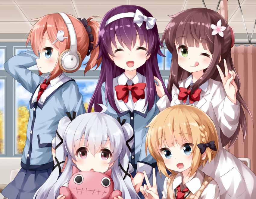 5girls :d ;q ^_^ ahoge arm_up bangs black_bow black_ribbon black_scrunchie blue_eyes blue_jacket blue_skirt blush bow bowtie braid brown_eyes brown_hair closed_eyes closed_mouth collared_shirt commentary_request copyright_request day eyebrows_visible_through_hair eyes_closed facing_viewer flower green_eyes hair_between_eyes hair_bow hair_flower hair_ornament hair_ribbon hair_scrunchie hairband hairclip hand_on_another's_shoulder hand_up headphones high_ponytail holding holding_stuffed_animal indoors jacket labcoat light_brown_hair long_hair long_sleeves multiple_girls one_eye_closed open_clothes open_mouth pleated_skirt ponytail profile purple_hair red_neckwear ribbon ruu_(tksymkw) scrunchie shirt short_hair silver_hair single_braid skirt smile stuffed_animal stuffed_toy sweater_vest tongue tongue_out two_side_up v very_long_hair white_bow white_flower white_hairband white_shirt window
