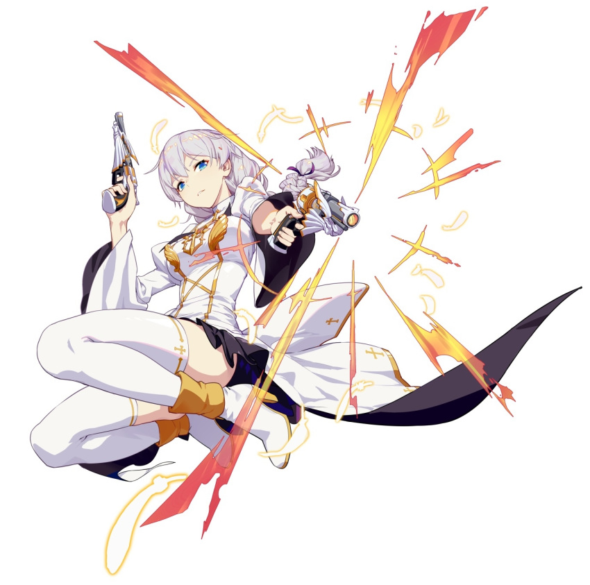 1girl 2nd_sacred_relic_(honkai_impact) ahoge bangs black_skirt blue_eyes boots braid breasts chains charging cleavage_cutout cross detached_collar dress dual_wielding expressionless eyebrows_visible_through_hair feathers floating floating_hair floating_weapon full_body gold_trim gun hair_between_eyes hair_ribbon head_tilt highres holding holding_gun holding_weapon honkai_(series) honkai_impact_3 jinyuan712 juliet_sleeves kallen_kaslana large_breasts long_hair long_sleeves looking_at_viewer nun official_art parted_lips puffy_sleeves purple_ribbon ribbon sidelocks silver_hair simple_background single_braid skirt solo thigh_boots thighhighs weapon white_background white_dress white_footwear wide_sleeves