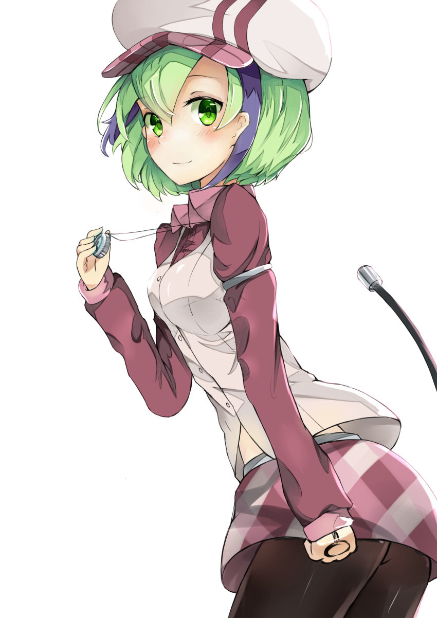 1girl android arm_at_side blush bob_cut breasts closed_mouth commentary_request dimension_w from_side green_eyes green_hair hair_between_eyes hand_up highres holding long_sleeves looking_at_viewer looking_to_the_side multicolored_hair nagiha_kuten short_hair simple_background smile solo streaked_hair tail_raised twisted_torso two-tone_hair white_background white_headwear wing_collar yurizaki_mira