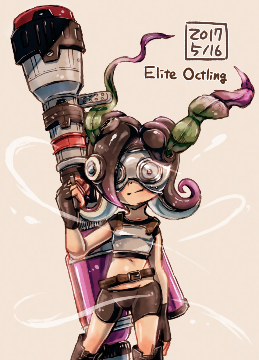 1girl armor aura beige_background belt bike_shorts black_belt black_footwear black_gloves black_hair black_shirt black_shorts boots commentary crop_top dated english_text gloves goggles gradient_hair hair_ornament harutarou_(orion_3boshi) highres holding holding_weapon ink_tank_(splatoon) inkzooka_(splatoon) kelp medium_hair multicolored_hair navel octarian pink_hair shirt short_sleeves shorts simple_background smirk solo sparkle splatoon splatoon_(series) splatoon_1 suction_cups takozonesu tentacle_hair weapon