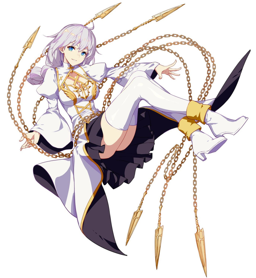 1girl ahoge bangs black_skirt blue_eyes boots braid breasts chains cleavage_cutout cross detached_collar dress eyebrows_visible_through_hair floating floating_hair floating_weapon full_body gold_trim hair_between_eyes head_tilt highres honkai_(series) honkai_impact_3 jinyuan712 juliet_sleeves kallen_kaslana large_breasts long_hair long_sleeves looking_at_viewer nun official_art parted_lips puffy_sleeves sidelocks silver_hair simple_background single_braid skirt smile solo thigh_boots thighhighs white_background white_dress white_footwear wide_sleeves