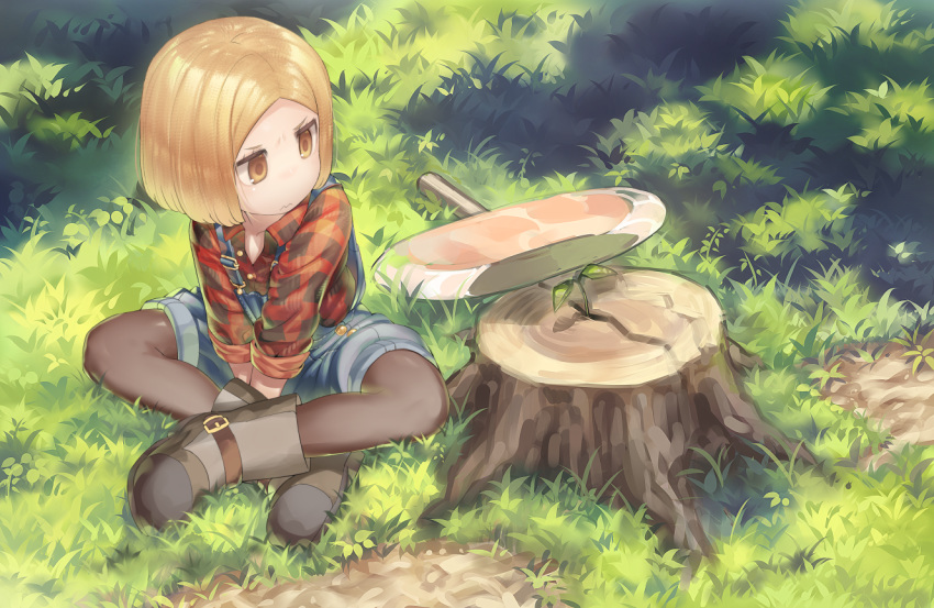 1girl axe black_legwear blonde_hair boots brown_eyes brown_footwear child closed_mouth collared_shirt day fate/grand_order fate_(series) flannel grass legs_crossed long_sleeves looking_away looking_to_the_side monosenbei outdoors overall_shorts pantyhose paul_bunyan_(fate/grand_order) shirt short_hair sitting solo tree_stump