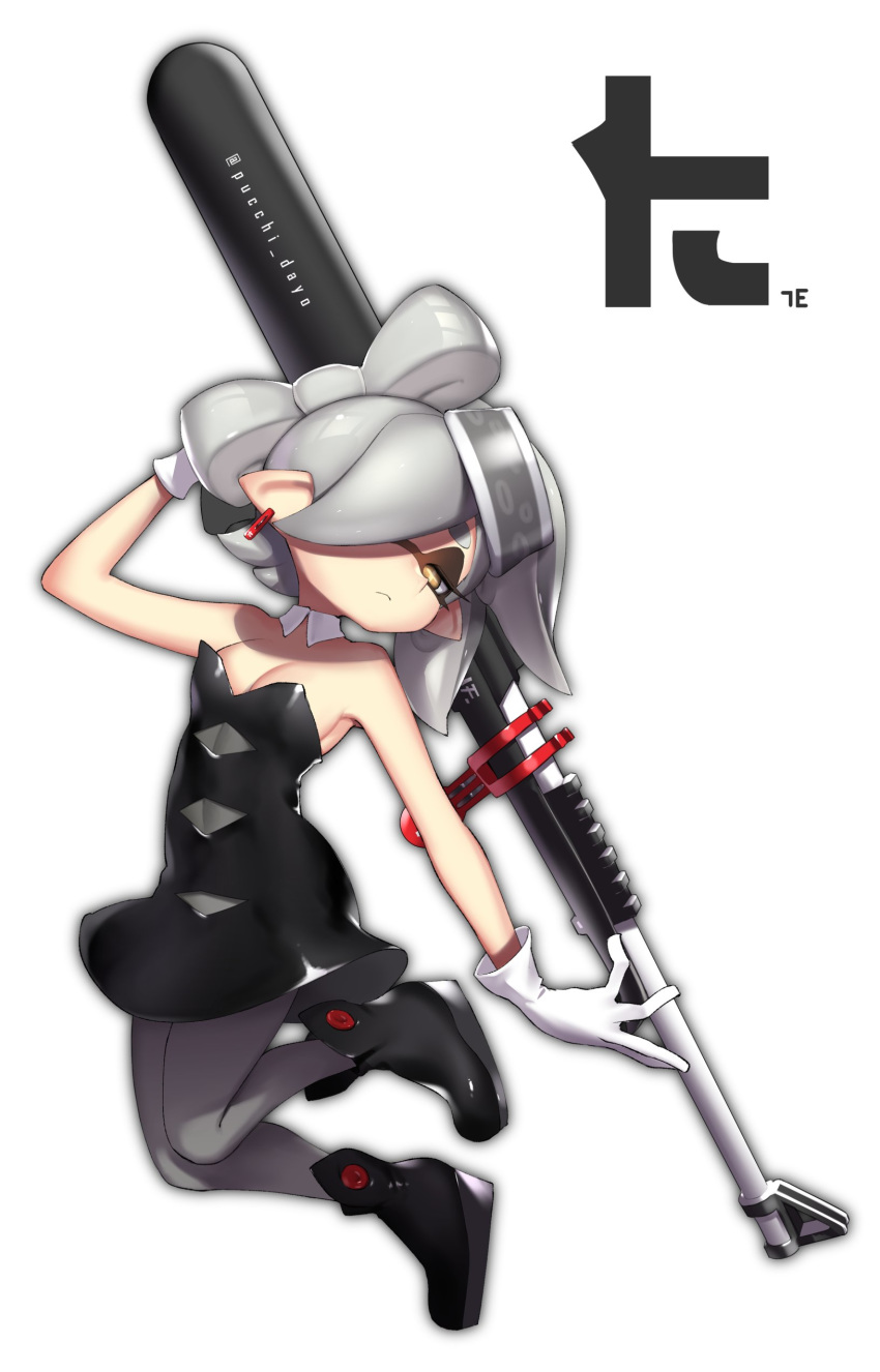 +_+ 1girl absurdres ankle_boots black_dress black_footwear boots breasts brown_eyes cleavage commentary detached_collar domino_mask dress earrings food food_on_head full_body gloves grey_hair grey_legwear half-closed_eyes head_tilt highres holding holding_weapon hotaru_(splatoon) jewelry jumping legs_up logo long_hair looking_at_viewer mask medium_breasts mole mole_under_eye object_behind_back object_on_head pantyhose pointy_ears puchiman short_dress short_hair simple_background solo splat_charger_(splatoon) splatoon splatoon_(series) splatoon_1 tentacle_hair twitter_username weapon white_background white_gloves