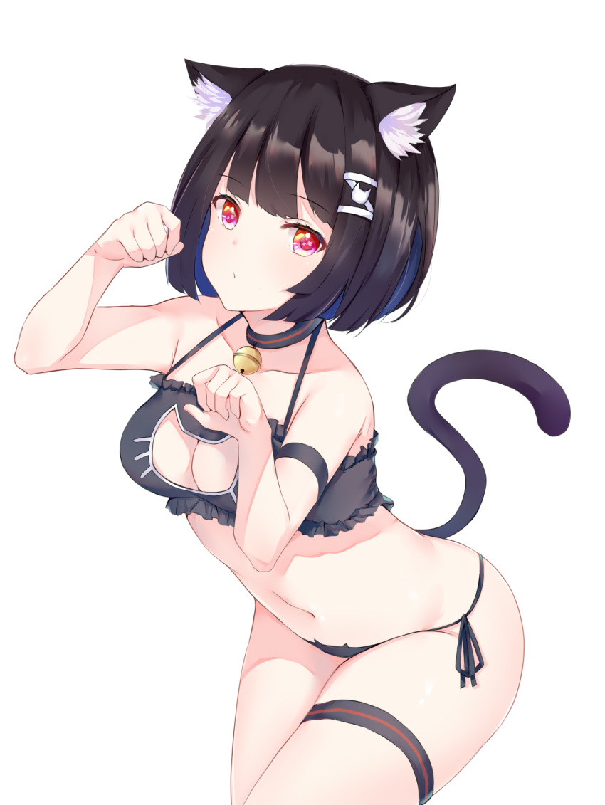 1girl animal_ear_fluff animal_ears azur_lane bare_arms bare_shoulders bell black_bra black_hair black_panties blush bra cat_cutout cat_ear_panties cat_ears cat_girl cat_lingerie cat_tail cleavage_cutout closed_mouth collarbone commentary_request filings_(ailuo_c) frilled_bra frills groin hair_ornament hairclip hands_up highres jingle_bell leaning_forward looking_at_viewer meme_attire navel panties paw_pose red_eyes short_hair side-tie_panties simple_background solo tail tail_raised underwear underwear_only white_background yamashiro_(azur_lane)