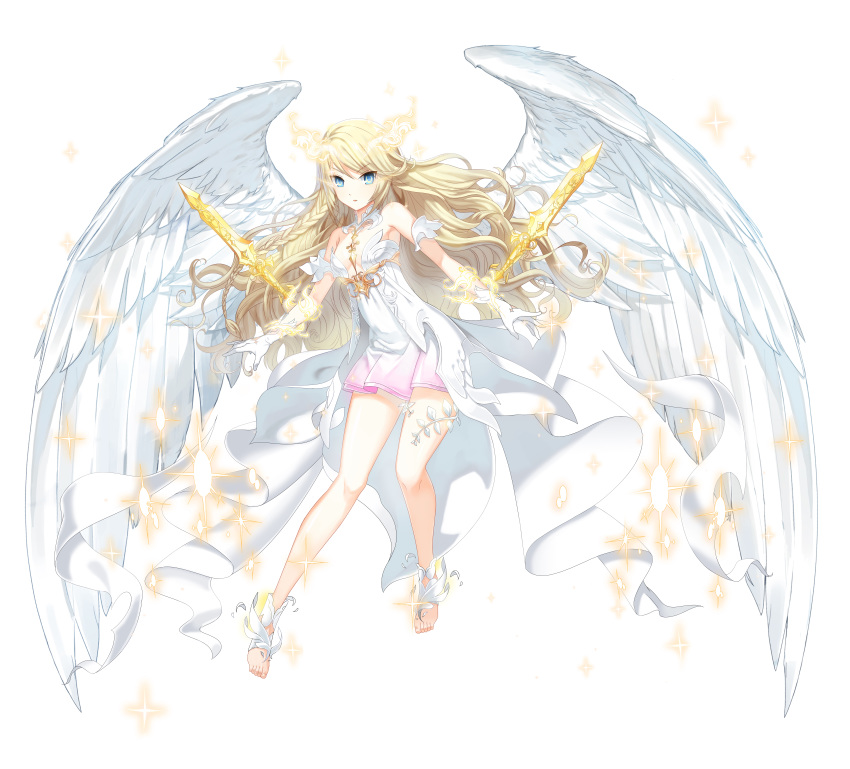 1girl absurdres angel blonde_hair blue_eyes closers feet full_body highres long_hair navel official_art seulbi_lee solo sylvi_(closers) toes weapon white_background white_clothes white_skin white_wings wings