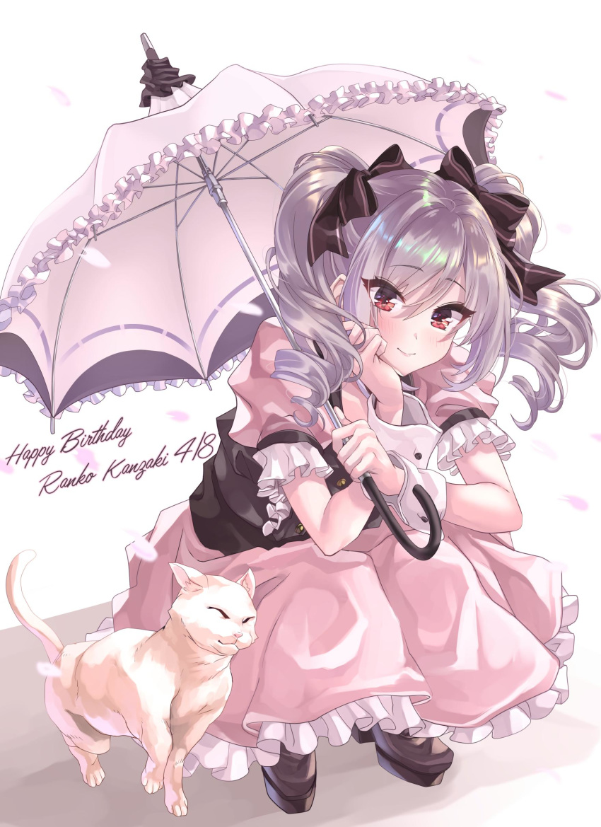 1girl absurdres bangs blush bow cat character_name closed_mouth commentary dated drill_hair frills full_body hair_between_eyes hair_bow hair_over_eyes happy_birthday highres holding idolmaster idolmaster_cinderella_girls kanzaki_ranko lolita_fashion long_hair long_skirt looking_at_viewer parasol petals pink_skirt red_eyes short_sleeves silver_hair simple_background skirt smile solo squatting tdnd-96 twin_drills twintails umbrella white_cat wrist_cuffs