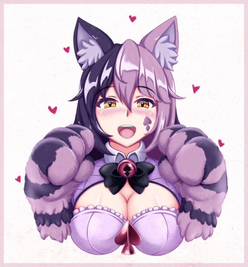 1girl :d absurdres animal_ear_fluff animal_ears bangs bell black_neckwear blush border bow bowtie breasts cat_ears cheshire_cat_(monster_girl_encyclopedia) cleavage cleavage_cutout commentary english_commentary eyebrows_visible_through_hair facial_mark fur hair_between_eyes happy heart highres jingle_bell large_breasts long_hair looking_at_viewer monster_girl_encyclopedia multicolored_hair neck_bell open_mouth orange_eyes paw_pose paws pink_border purple_eyes simple_background smile solo two-tone_hair upper_body upper_teeth white_background wlper