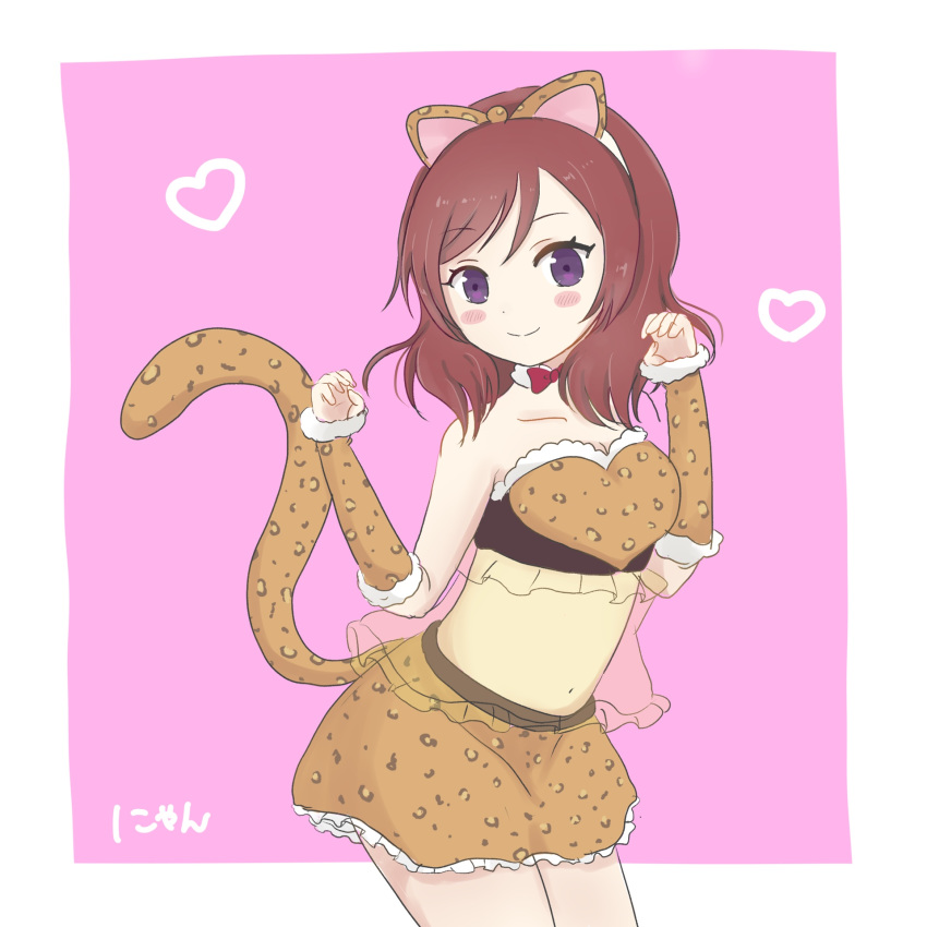 1girl animal_ears animal_print artist_request belt blush cat_ears cat_tail claw_pose clenched clenched_hand female frilled_skirt frills highres leopard_ears leopard_print love_live! love_live!_school_idol_project midriff navel nishikino_maki purple_eyes red_hair short_hair skirt solo tail