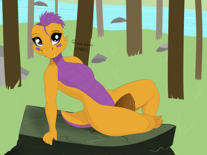 4:3 absurd_res anthro booponies easter eyelashes female flat_chested hi_res holidays innuendo inviting kobold looking_at_viewer lucy_(booponies) scales scalie simple_background sitting smile spines teeth text